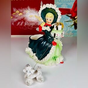 Vintage 1950s Napco Christmas Shopper Girl Planter w/ Poodle AX27552A